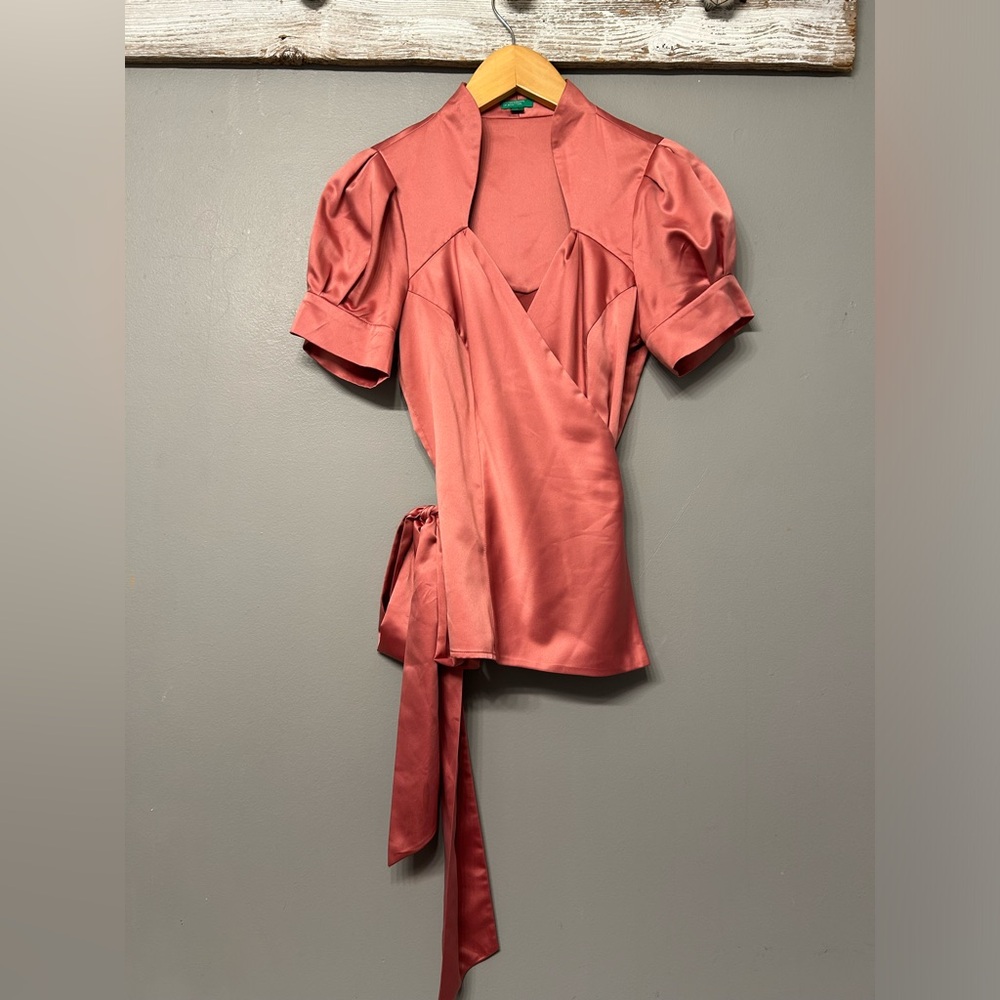 United Colors Of Benetton Satin Wrap Top Blouse Sleeve Pink Size Small Y2K
